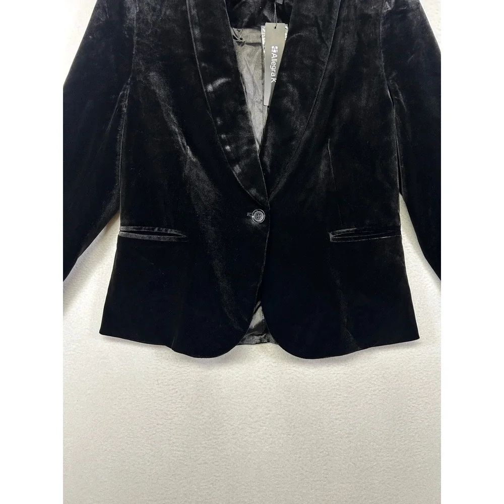 Dark Academia Allegra K Women Size M Black Velvet Shawl Collar One Button Blazer